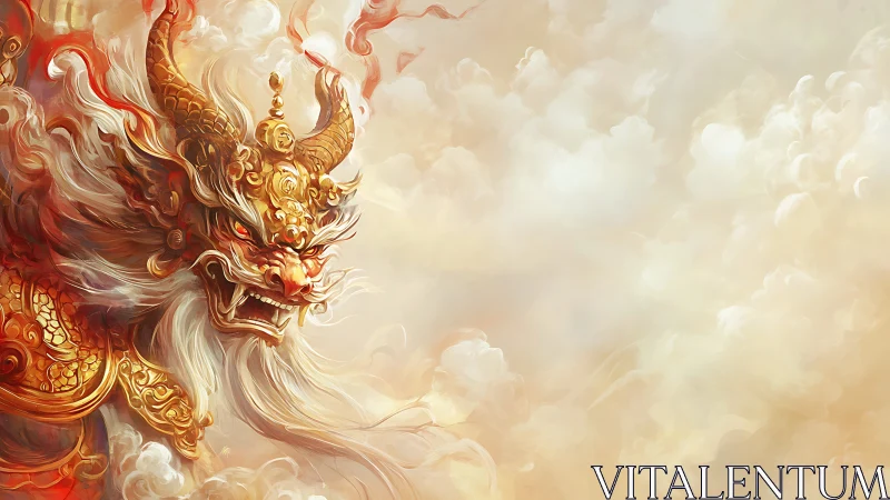 Celestial dragon roars from swirling golden clouds in fury.