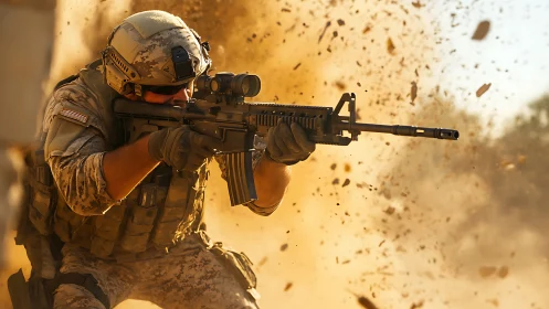 Soldier in modern combat gear aims rifle amid airborne debris