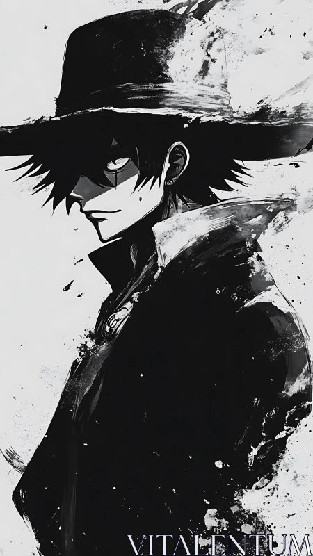 Ink-splattered anime gunslinger in wide-brimmed hat stands.