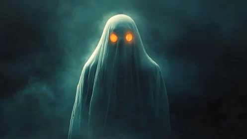 Digital painting of spectral figure with glowing eyes in mist.