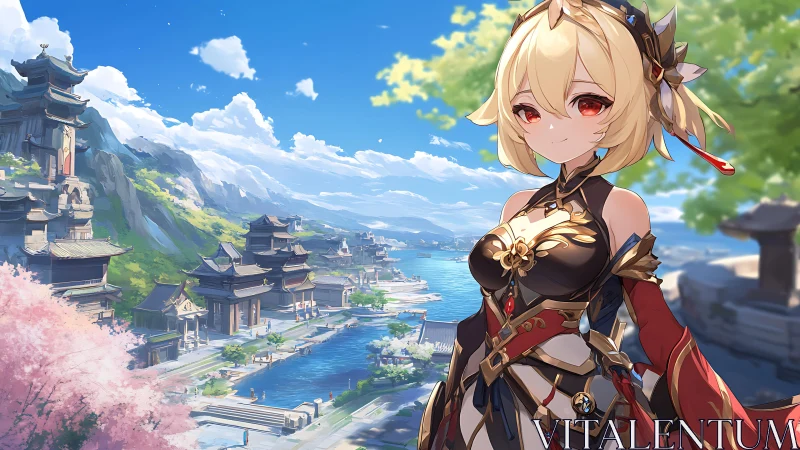 Sunlit warrior girl above a tranquil riverside kingdom.