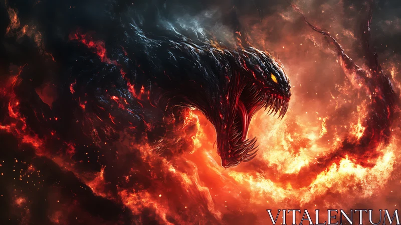 Fiery cosmic serpent roaring through swirling starlit embers.