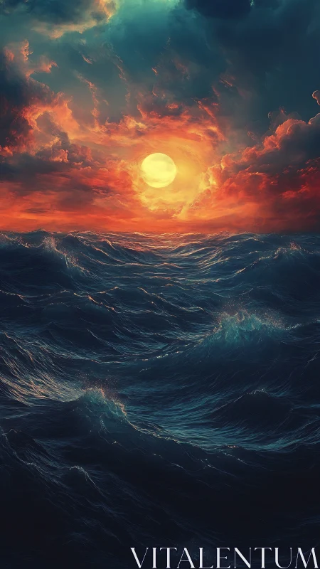 Sun disk over turbulent ocean under dense clouds.