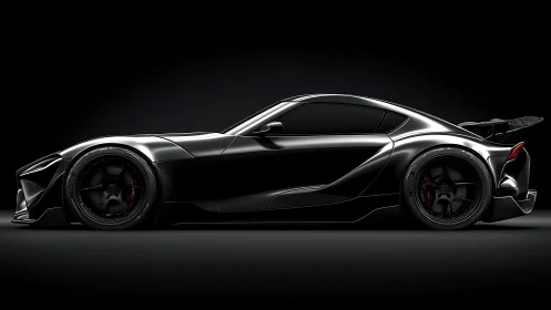 Sleek black supercar glowing softly against the dark night.