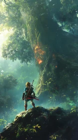 Sword-carrying adventurer surveys dense, towering forest scene