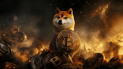Shiba dog amid glowing bitcoin coins in cosmic storm.