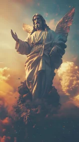 Winged stone angel statue rises from clouds at sunset sky