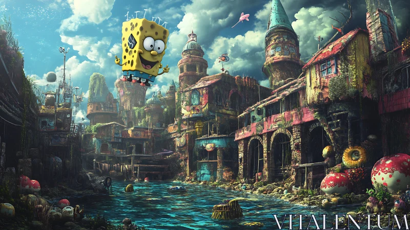 Sponge-like cartoon character floats above decayed riverside town