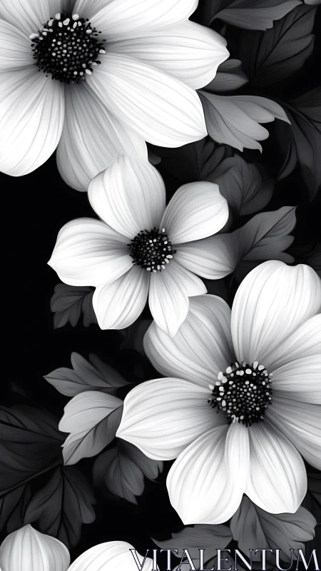 Black and white floral composition with cosmos-type flowers.