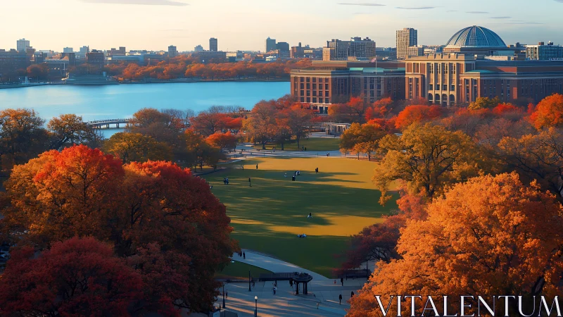 Autumn campus lawn glows beside a tranquil urban riverfront