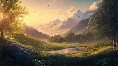 Golden sunrise glows over a peaceful mountain valley stream