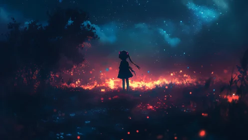Stargazing girl walking through glowing twilight embers.