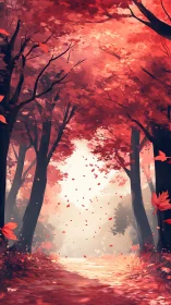 Serene Autumn Forest Path Glowing in Crimson Light