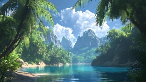 Tropical Paradise Lake Nestled Among Dramatic Mountain Peaks