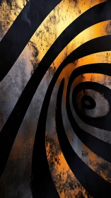 Rust-textured golden spiral curves into a moody dark void