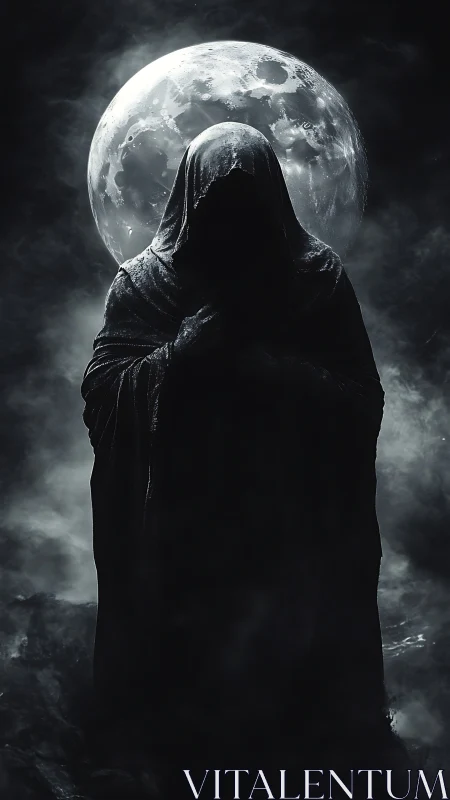 Moonlit wraith ascends from swirling fog and silver darkness.