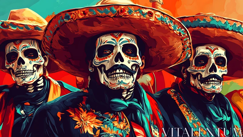 Calavera mariachi trio in vibrant sombreros and floral regalia