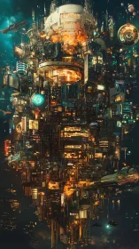 Starlit mega-spire hums above a crowded cybernetic void.