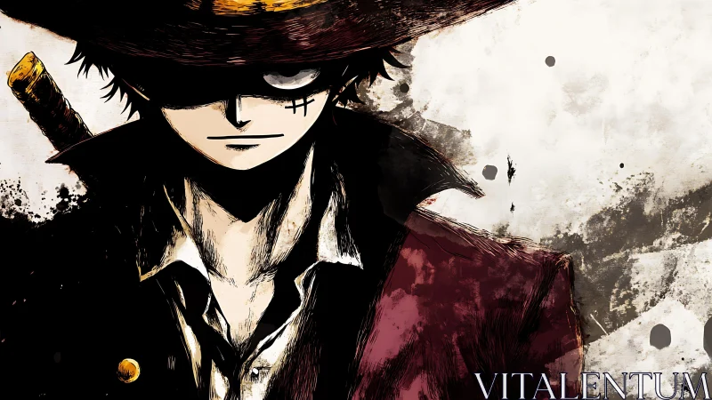 Straw hat swordsman in shadowed anime portrait profile.