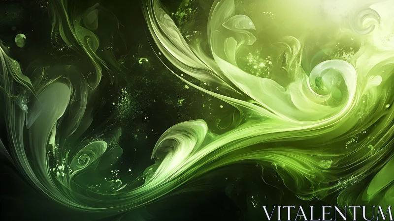 Vivid green abstract energy swirls on dark background.