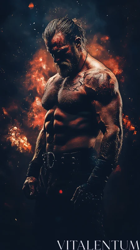 Battle-scarred warrior in chiaroscuro lighting amid dynamic embers
