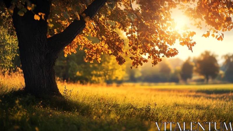 Autumn maple tree glowing in golden sunset meadow light.