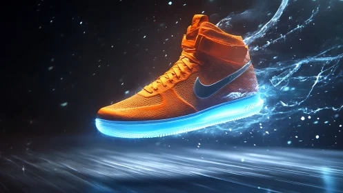Glowing orange sneaker drifting through cool electric light.