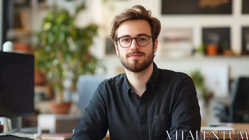 Young professional in modern office workspace portrait.