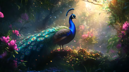 Peacock standing in dense flowering forest under soft light.