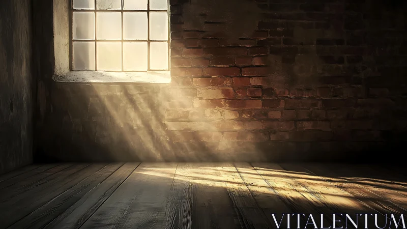 Sunlit window casting rays across empty brick room.
