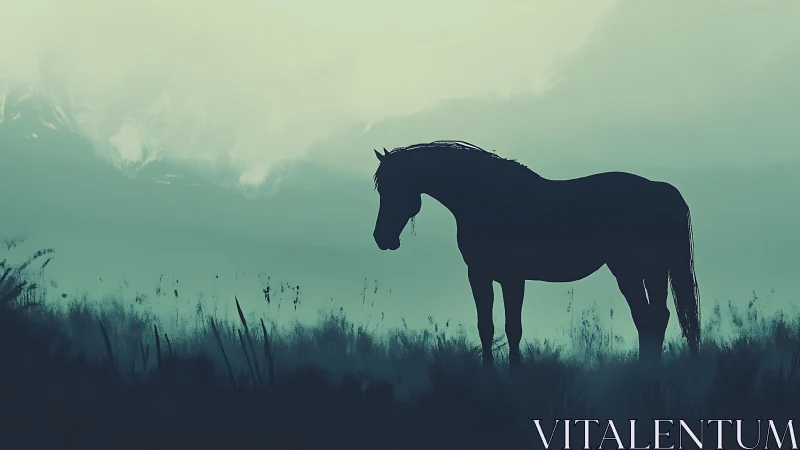 Solitary horse stands in misty teal meadow at dawn