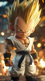 Chibi martial warrior with spiked energy hair in 3D render.