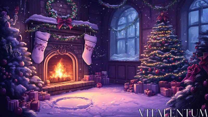 Warm Christmas hearth interior glows against snowy windows