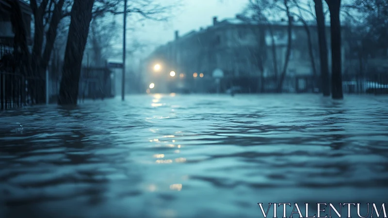 Night urban street lies submerged under cold floodwater
