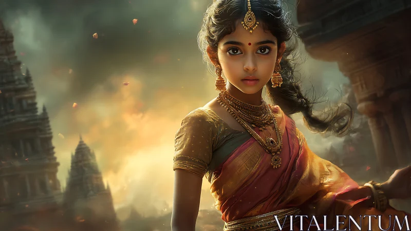 Regal young girl in silk sari before ancient temple dusk.