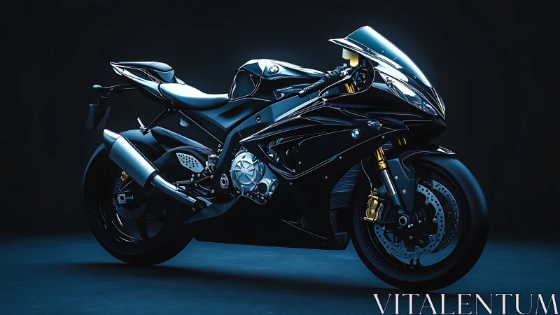 Photorealistic black superbike in studio-grade three quarter profile