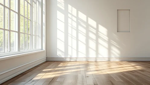 Sunlit minimalist room with wide windows and warm floor.
