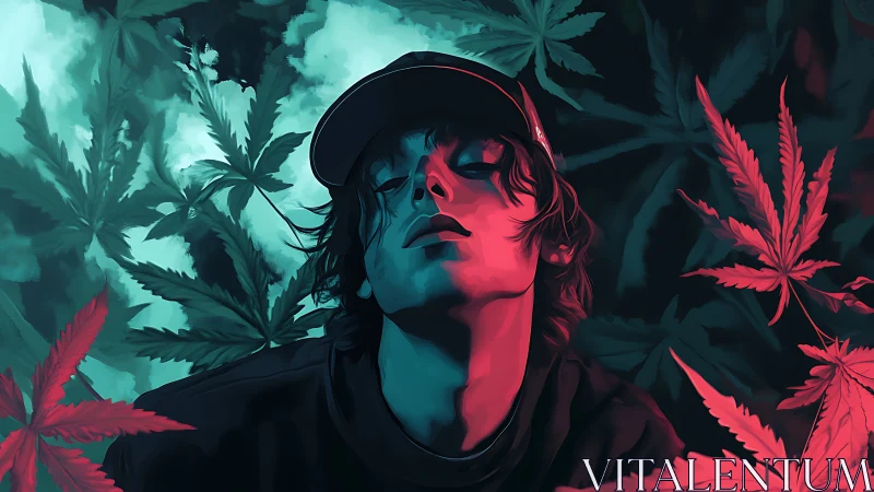 Dreamy youth relaxes under neon light among lush leaves