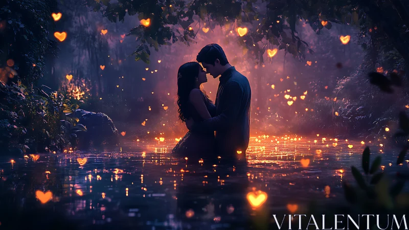 Couple embracing in luminous heart-filled water at dusk.