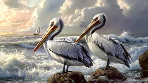 Two pelicans on coastal rocks overlooking turbulent sea.