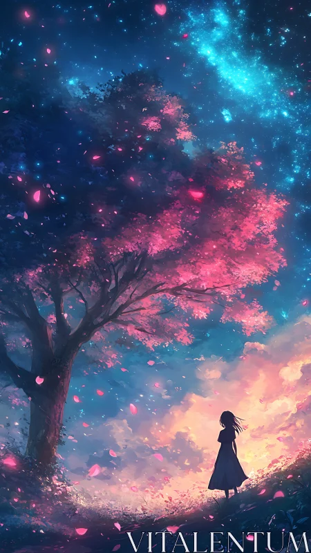 Starlit cherry tree welcomes a quiet girl into glowing twilight