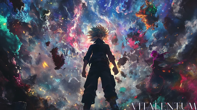 Lone anime hero confronts exploding cosmic nebula sky