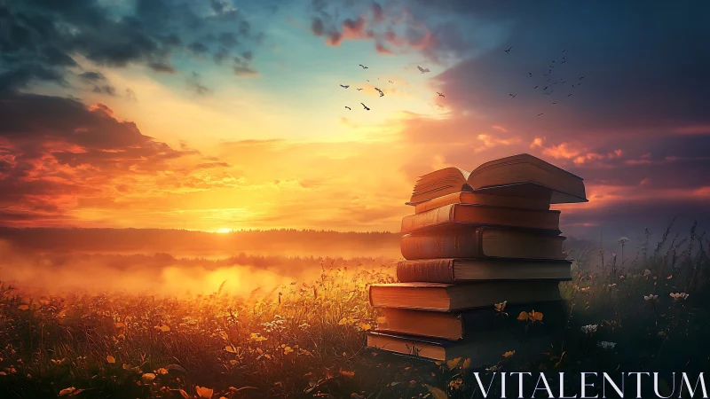 Sunset-lit stack of books transforms a misty meadow scene.