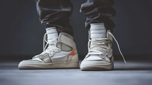 High-top sneakers stand out in moody urban studio light.