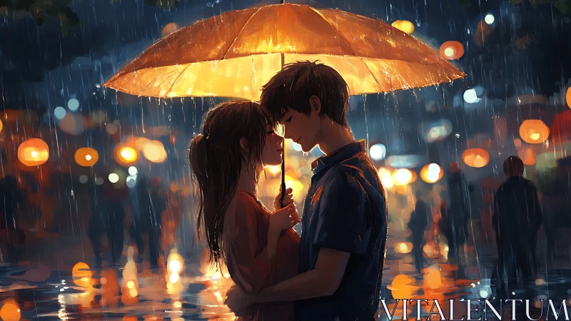 Two figures share a glowing umbrella in rainy urban night scene.