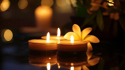 Spa candles glow beside white plumeria on reflective water.