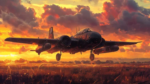 Twin‑engine aircraft descends over field during sunset