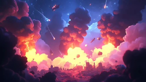 Futuristic city under fiery sky with incoming meteors.
