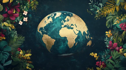 Golden earth cradled by lush tropical blooms in night sky.