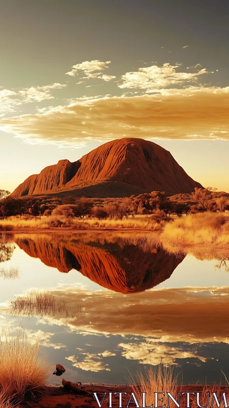 Photorealistic desert monolith reflected in still water at dusk.